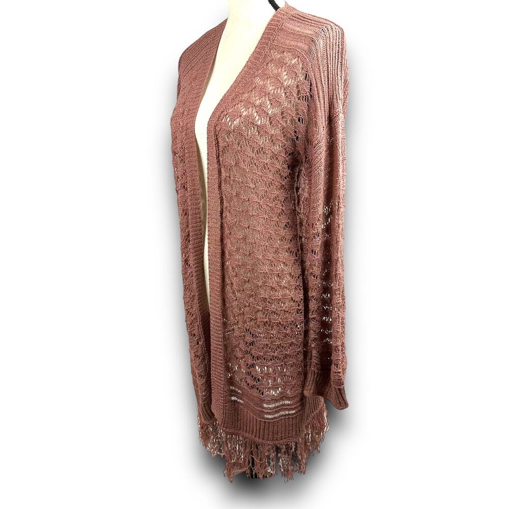 Avorwe Boho Chic Open Knit Long Cardigan Fringe Trim Lightweight Small Medium - Picture 2 of 6